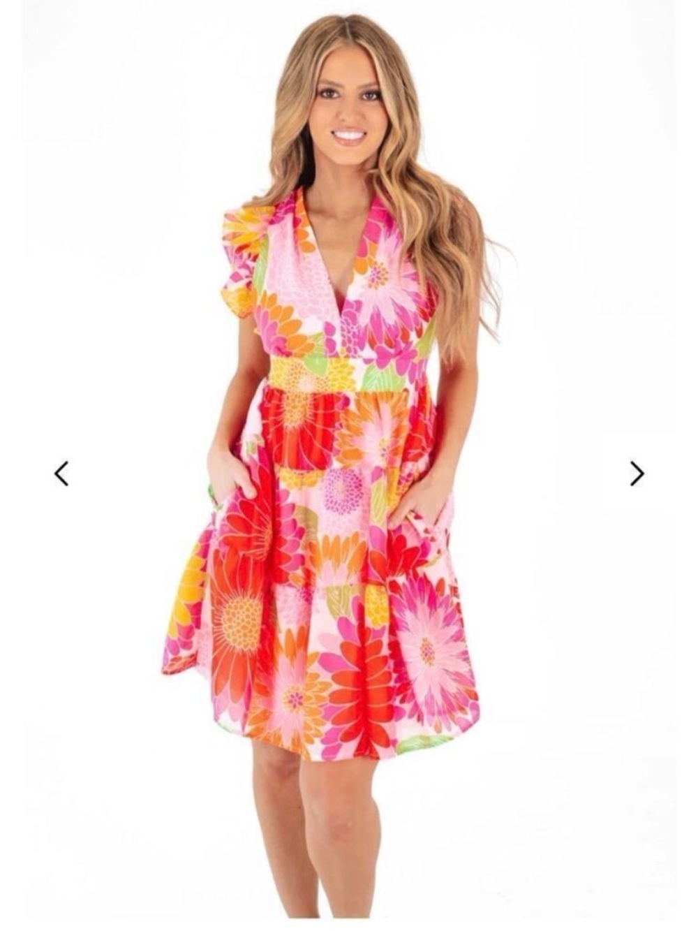 J Marie Leilani Cross Back Tiered Dress Floral V-Neck Mini Dress in Pink & Red